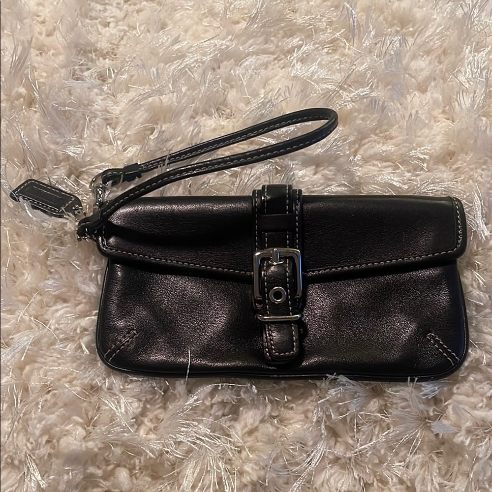 Coach Black Leather Wristlet Vintage with Silver Buckle
